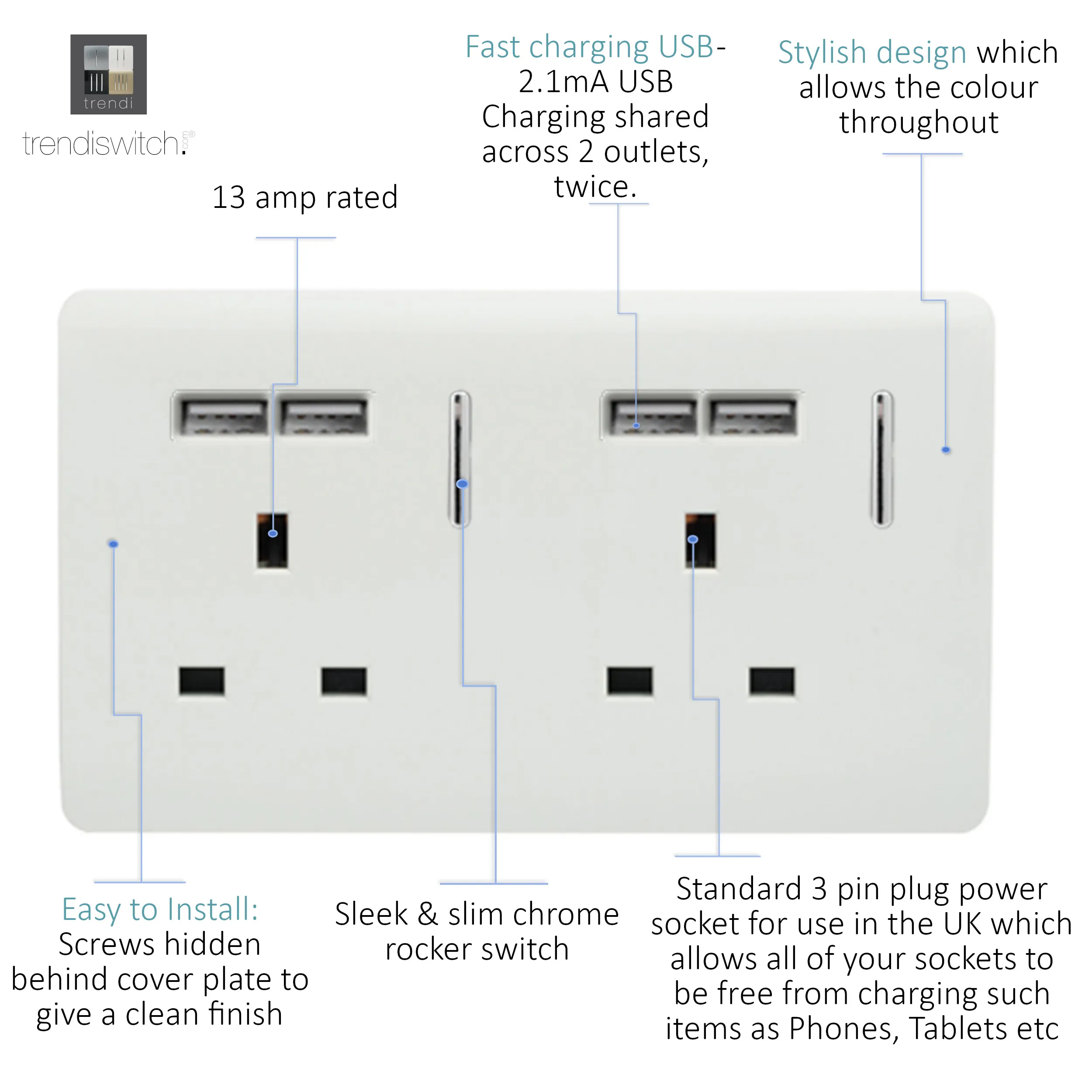 2 Gang 13Amp Switched Double Socket With 4X 2.1Mah USB Ice White ART-SKT213USBWH  Trendi Ice White